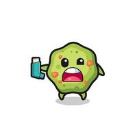 puke mascot having asthma while holding the inhaler vector