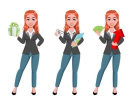 hermosa mujer de negocios, conjunto de tres poses vector