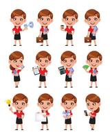 Cartoon business woman, set of twelve poses vector