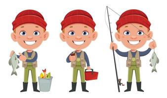 Fisherman, set of three poses. Cheerful fisher vector