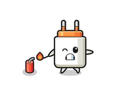 power adapter mascot illustration playing firecracker vector