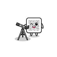 mascota de astrónomo de código qr con un telescopio moderno vector