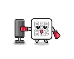 qr code boxer cartoon doing training with punching bag vector