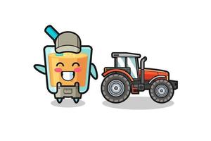 la mascota del granjero de jugo de naranja de pie junto a un tractor vector