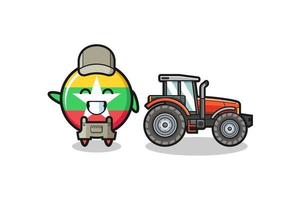 the myanmar flag farmer mascot standing beside a tractor vector