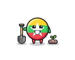 cute myanmar flag cartoon is planting a tree seed vector