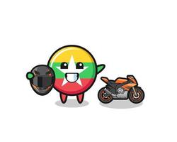 linda caricatura de la bandera de myanmar como corredor de motocicletas vector