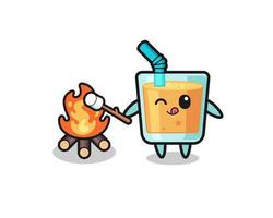 orange juice character is burning marshmallow vector