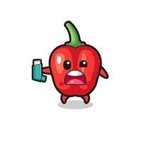 red bell pepper mascot having asthma while holding the inhaler vector