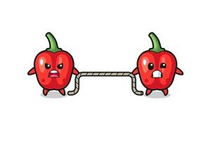 cute red bell pepper character is playing tug of war game vector