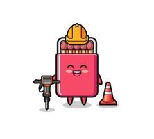 road worker mascot of matches box holding drill machine vector