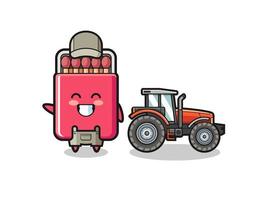 la mascota del granjero de la caja de cerillas de pie junto a un tractor vector