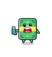 money mascot having asthma while holding the inhaler vector