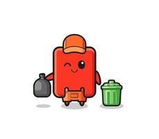 the mascot of cute red card as garbage collector vector