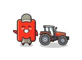 the red card farmer mascot standing beside a tractor vector