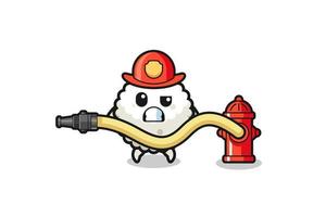 rice ball cartoon as firefighter mascot with water hose vector