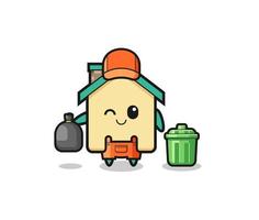 the mascot of cute house as garbage collector vector