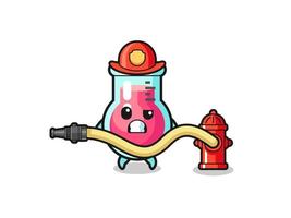 caricatura de vaso de laboratorio como mascota de bombero con manguera de agua vector