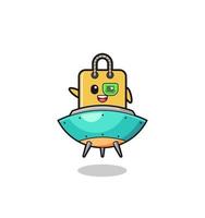 shopping bag cartoon riding a future spaceship vector