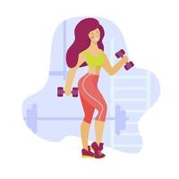 Vector illustration of a girl in a gym with dumbbells on abstract background.