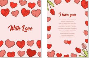 Two side Valentines day vertical greeting card with hand drawn elements. Vector illustration