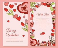 Two side Valentines day vertical greeting card with hand drawn elements. Vector illustration