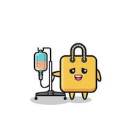 cute shopping bag character standing with infusion pole vector