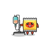 lindo personaje de bocadillo de pie con poste de infusión vector