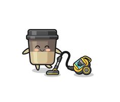 cute coffee cup holding vacuum cleaner illustration vector