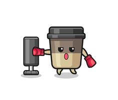 coffee cup boxer cartoon doing training with punching bag vector