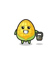 corn mascot lifting kettlebell in the gym vector