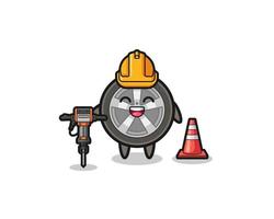 road worker mascot of car wheel holding drill machine vector