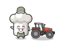 the chef hat farmer mascot standing beside a tractor vector