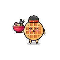 circle waffle as Chinese chef mascot holding a noodle bowl vector