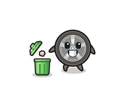 illustration of the car wheel throwing garbage in the trash can vector