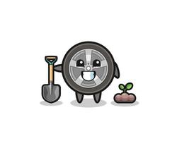 cute car wheel cartoon is planting a tree seed vector