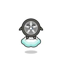 cute car wheel illustration riding a floating cloud vector