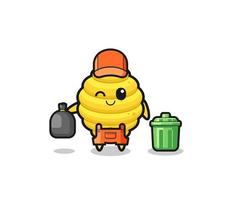 the mascot of cute bee hive as garbage collector vector