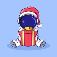 lindo personaje astronauta sentado con caja de regalo de navidad. ilustración de estilo de dibujos animados plana. vector