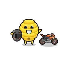 cute bee hive cartoon as a motorcycle racer vector