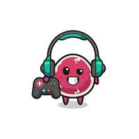 beef gamer mascot holding a game controller vector