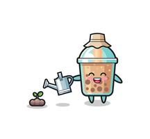 cute bubble tea is watering plant seeds vector