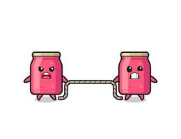 cute strawberry jam character is playing tug of war game vector