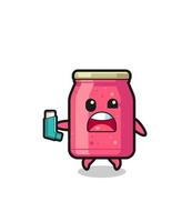 strawberry jam mascot having asthma while holding the inhaler vector