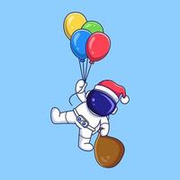 lindo personaje astronauta volando con globos y llevando bolsas de regalo de navidad. ilustración de dibujos animados de estilo plano. vector