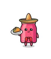 mascota del chef mexicano de mermelada de fresa sosteniendo un taco vector