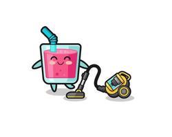 cute strawberry juice holding vacuum cleaner illustration vector