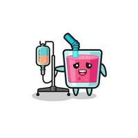 cute strawberry juice character standing with infusion pole vector