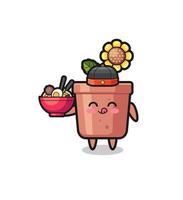 sunflower pot as Chinese chef mascot holding a noodle bowl vector