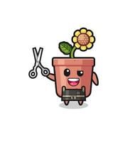 sunflower pot character as barbershop mascot vector